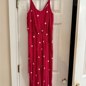 LOFT Vibrant Red jumpsuit with White Dots
